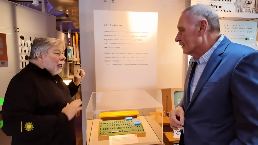 Dos hombres conversan en un museo de tecnología frente a una vitrina que exhibe una computadora retro con teclado verde. El hombre a la izquierda, de cabello canoso y barba, viste un suéter negro; el hombre a la derecha, calvo y con bigote, lleva un traje azul. Al fondo se observan paneles informativos y equipos antiguos de computación.