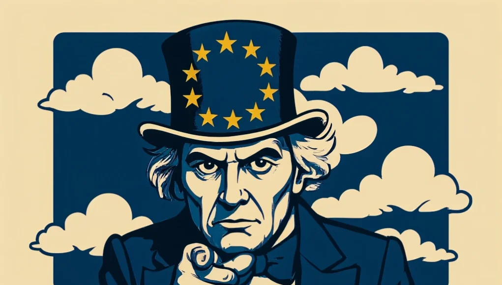 Ilustración de estilo vintage inspirada en el cartel de reclutamiento del Tío Sam, pero adaptada con un sombrero de copa azul adornado con estrellas amarillas de la bandera de la Unión Europea. El personaje, de expresión seria, señala directamente al espectador. Debajo, en letras grandes y en negrita, aparece el texto “WE WANT YOUR DATA”. El fondo muestra un cielo azul con nubes blancas estilizadas.