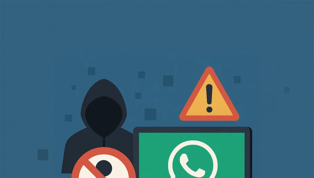 ChatGPT Plus Ilustración digital en estilo plano que muestra un monitor con el logotipo de WhatsApp en pantalla, acompañado de un icono de advertencia triangular y la silueta de una figura encapuchada junto a un símbolo de prohibición sobre la silueta de una persona, representando la lucha contra cuentas fraudulentas y estafas en la plataforma.