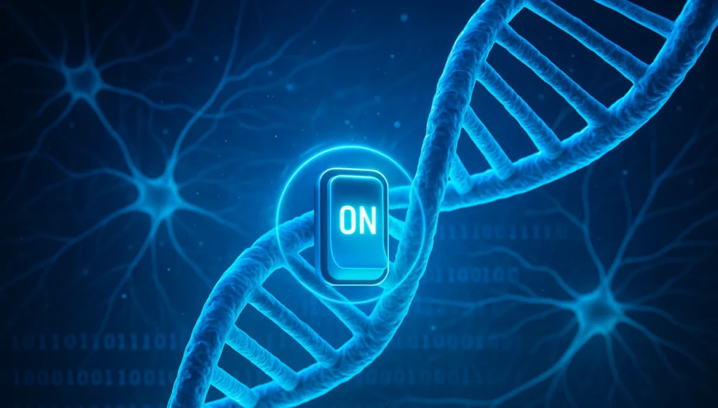 Ilustración digital de una cadena de ADN azul con un interruptor luminoso en el centro que muestra la palabra “ON”, simbolizando el encendido o activación de genes, con un fondo de neuronas y números binarios.