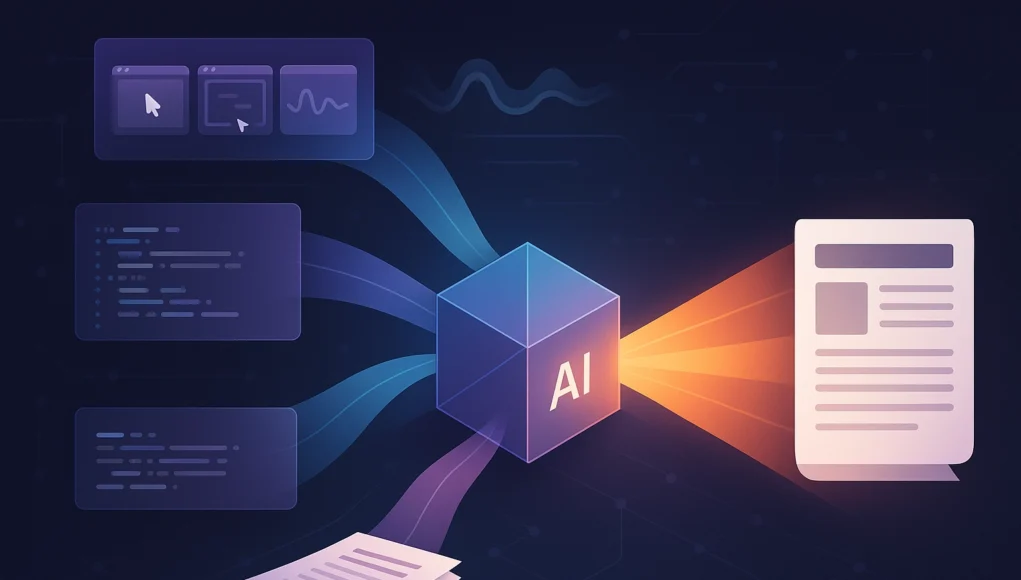 Ilustración digital que muestra un cubo con la palabra "AI" en el centro. Desde la izquierda llegan flujos de información representados por iconos de pantallas, fragmentos de código y documentos. A la derecha, el cubo proyecta un haz de luz que genera un documento estructurado, simbolizando cómo la inteligencia artificial transforma múltiples fuentes de contexto en un resultado organizado.