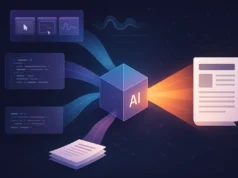 La clave del éxito con IA: el contexto es más importante que la herramienta Ilustración digital que muestra un cubo con la palabra "AI" en el centro. Desde la izquierda llegan flujos de información representados por iconos de pantallas, fragmentos de código y documentos. A la derecha, el cubo proyecta un haz de luz que genera un documento estructurado, simbolizando cómo la inteligencia artificial transforma múltiples fuentes de contexto en un resultado organizado.