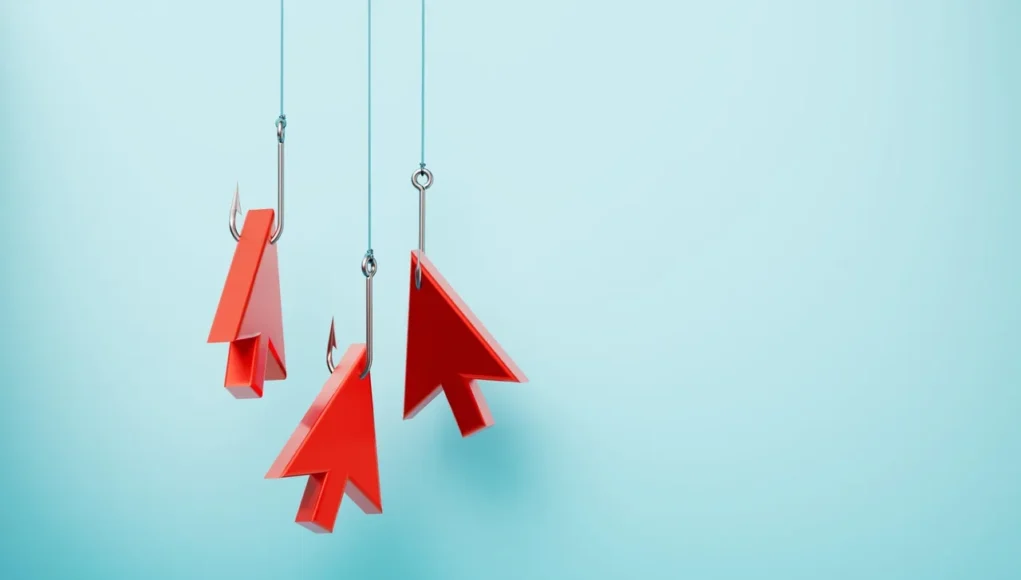 Ilustración conceptual de varias flechas rojas de cursor colgadas de anzuelos de pesca, representando un ataque de phishing en internet.