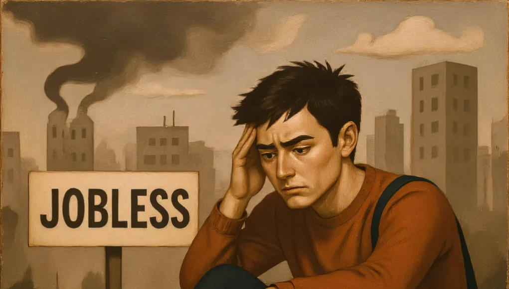 Ilustración de un joven con gesto preocupado, sentado en el suelo frente a un cartel que dice 'JOBLESS', con un paisaje urbano gris y fábricas humeantes al fondo, simbolizando el desempleo juvenil en un contexto sombrío.