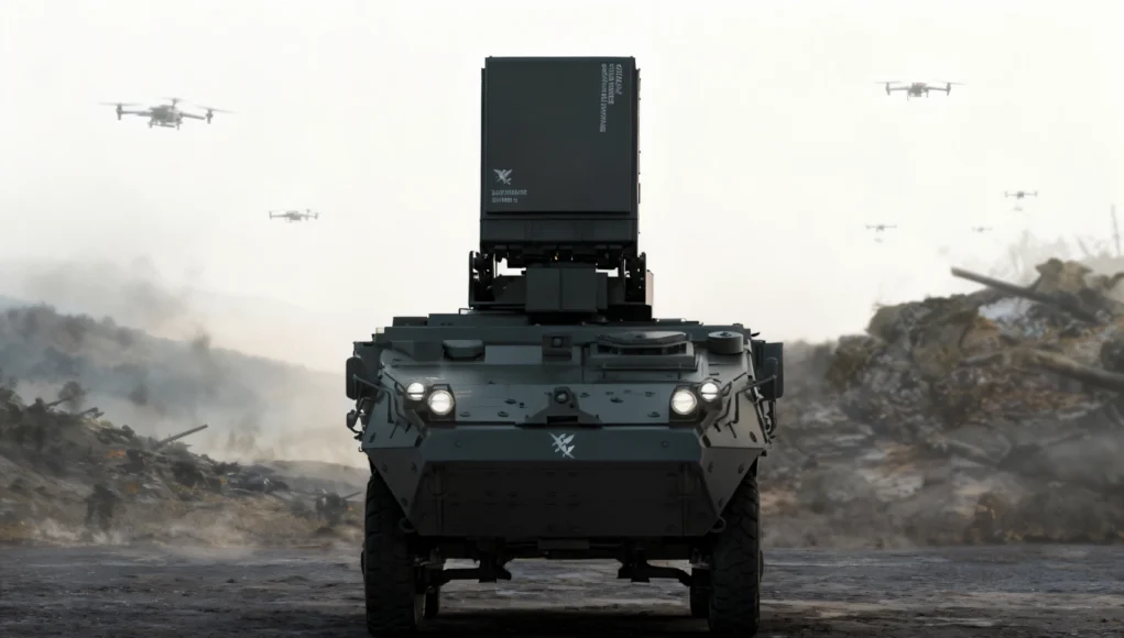 Vehículo militar blindado con sistema montado de defensa contra drones, avanzando en un campo de batalla con varios drones volando en el cielo y humo en el fondo.