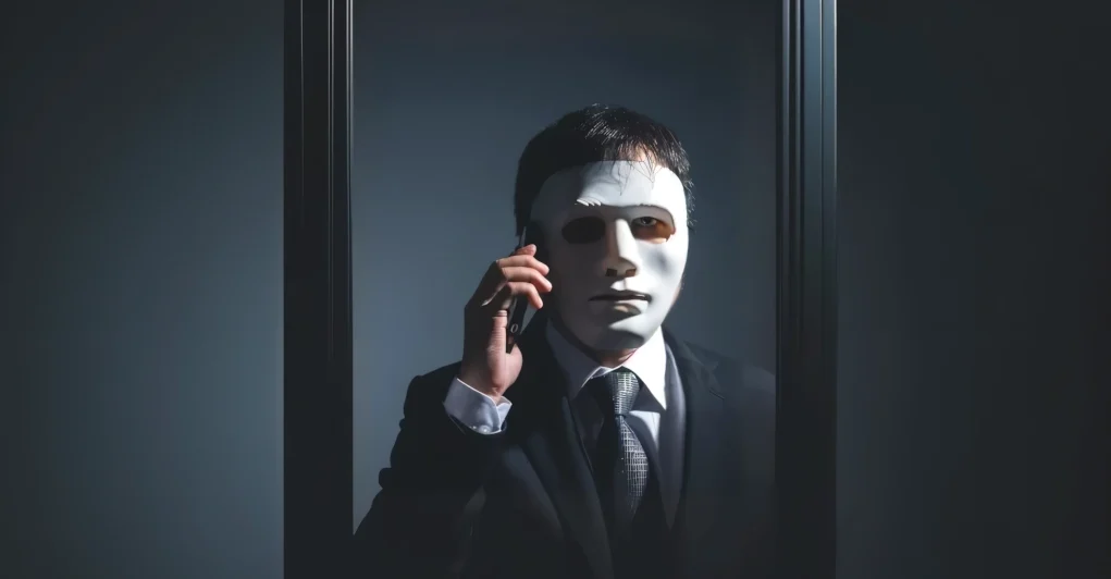 Persona vestida con traje oscuro y corbata que lleva puesta una máscara blanca inexpresiva. Está de pie detrás de un marco rectangular suspendido y sostiene un teléfono móvil en la oreja. La escena está iluminada con un contraste fuerte sobre fondo oscuro, creando una atmósfera enigmática y teatral.