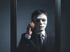 Los estafadores están usando The Open Network (TON) para ciberdelitos masivos en Telegram Persona vestida con traje oscuro y corbata que lleva puesta una máscara blanca inexpresiva. Está de pie detrás de un marco rectangular suspendido y sostiene un teléfono móvil en la oreja. La escena está iluminada con un contraste fuerte sobre fondo oscuro, creando una atmósfera enigmática y teatral.