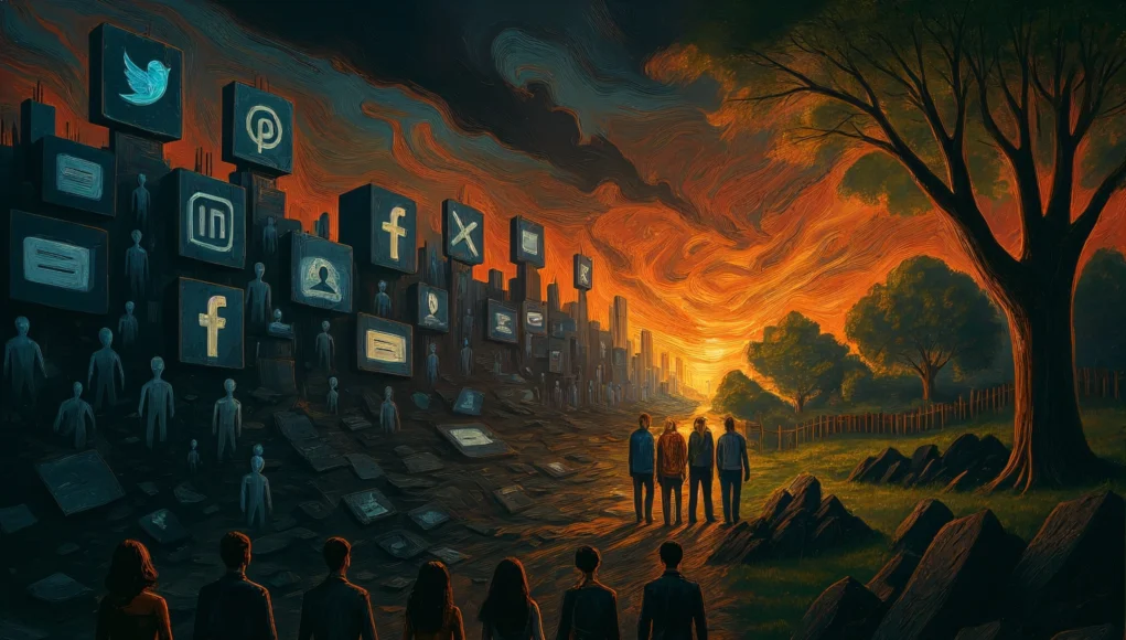 Un paisaje digital en ruinas, formado por grandes bloques oscuros con logotipos de redes sociales y siluetas humanas sin rostro, que evocan un entorno desolado y artificial. A la izquierda, el cielo arde con tonos rojos y anaranjados dramáticos, mientras en el lado derecho varias personas caminan hacia un horizonte iluminado, donde un campo verde y árboles ofrecen un contraste de esperanza frente al colapso del mundo virtual.