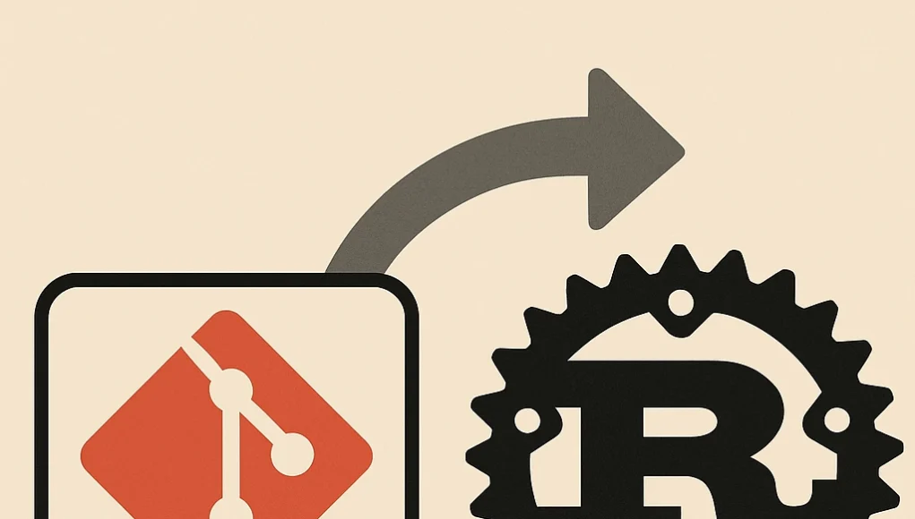 Ilustración digital en estilo plano que muestra el logotipo de Git a la izquierda y el logotipo de Rust a la derecha, conectados por una flecha curva ascendente que simboliza la transición de Git hacia Rust.