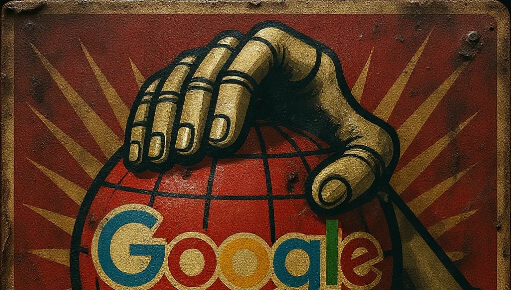 Ilustración de estilo propaganda retro que muestra una mano metálica sujetando un globo rojo con líneas negras y el logotipo de Google en el centro. El fondo tiene rayos dorados sobre un diseño envejecido con bordes oxidados, simulando un cartel antiguo y deteriorado.