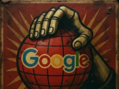 El juez que declaró a Google un monopolio decide no hacer casi nada para desmembrarlo Ilustración de estilo propaganda retro que muestra una mano metálica sujetando un globo rojo con líneas negras y el logotipo de Google en el centro. El fondo tiene rayos dorados sobre un diseño envejecido con bordes oxidados, simulando un cartel antiguo y deteriorado.