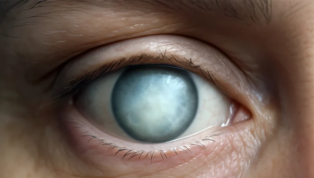 Imagen muy detallada de un ojo humano con pupila blanquecina y opaca, mostrando los signos visibles de una catarata avanzada en el cristalino.