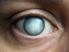 Implante ocular futurista proyecta imágenes directamente a la retina, evitando la córnea dañada Imagen muy detallada de un ojo humano con pupila blanquecina y opaca, mostrando los signos visibles de una catarata avanzada en el cristalino.