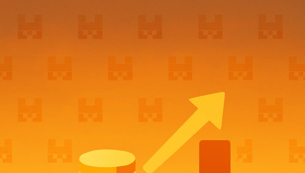 Ilustración digital con un fondo simétrico de montañas anaranjadas al atardecer. En el centro aparecen monedas doradas apiladas y un gráfico de barras ascendentes con una flecha hacia arriba, simbolizando crecimiento financiero. De fondo, un patrón repetido del logotipo de Mistral AI en tonos naranjas.