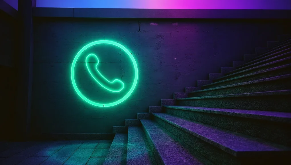Icono de teléfono verde en estilo neón iluminado en una pared junto a unas escaleras con luces púrpuras y azules, evocando un ambiente moderno y tecnológico relacionado con la comunicación digital.
