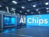 OpenAI se asocia con Broadcom para desarrollar chips de IA personalizados con lanzamiento previsto para 2026 Entorno industrial moderno con iluminación fría y maquinaria automatizada en funcionamiento. En el fondo, una gran pantalla azul muestra el texto "Broadcom AI Chips" en letras blancas, destacando el enfoque en chips de inteligencia artificial.