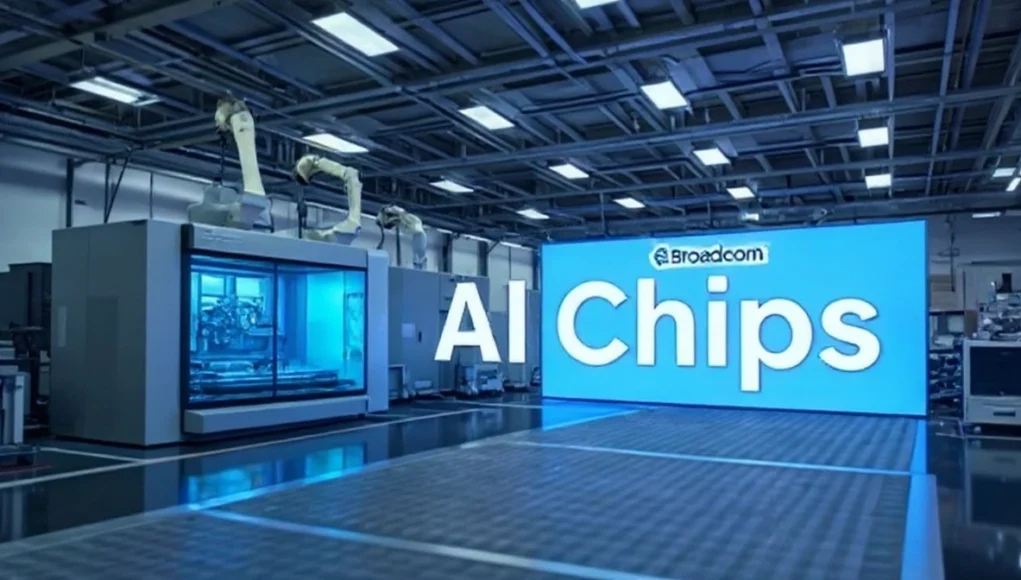 Entorno industrial moderno con iluminación fría y maquinaria automatizada en funcionamiento. En el fondo, una gran pantalla azul muestra el texto "Broadcom AI Chips" en letras blancas, destacando el enfoque en chips de inteligencia artificial.