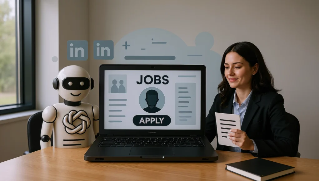 Un robot humanoide se sienta junto a una mujer con traje en un escritorio donde hay un portátil que muestra una pantalla de solicitud de empleo con las palabras “JOBS” y “APPLY”. La mujer sostiene un papel y sobre la mesa hay un cuaderno, en un entorno de oficina moderno que combina tecnología y colaboración humana.