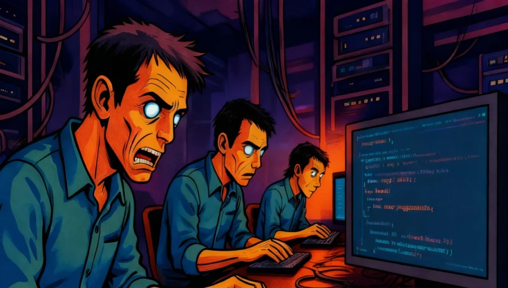 Ilustración digital con estilo de cómic que muestra a tres programadores zombis trabajando frente a computadores en una sala de servidores. Sus ojos brillan de color blanco azulado, transmitiendo una sensación inquietante y de falta de vida. Están sentados en fila, tecleando de manera mecánica mientras en las pantallas aparece código. Los cables en el suelo y el entorno oscuro refuerzan la atmósfera distópica y adictiva.