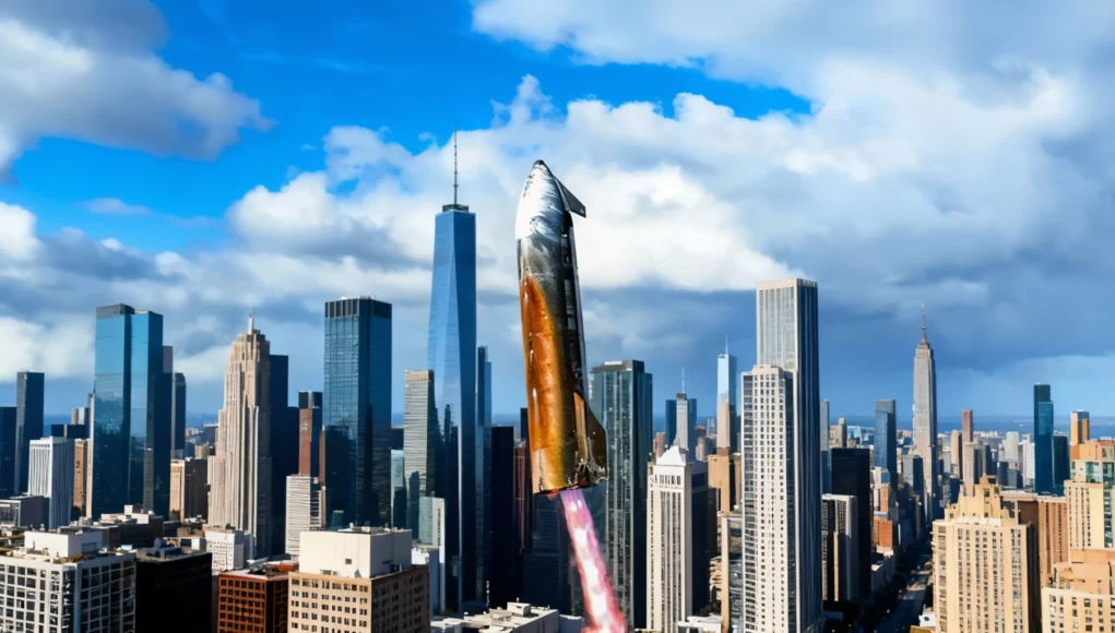 Cohete despegando entre rascacielos en una gran ciudad, con una columna de fuego y humo saliendo de su base bajo un cielo azul con nubes.