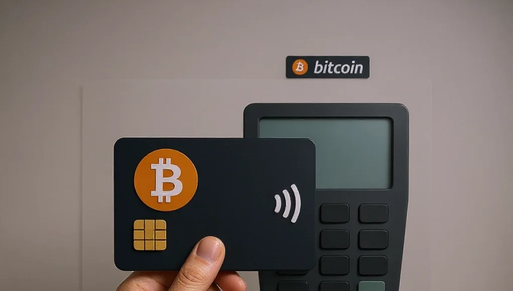 Una mano sostiene una tarjeta de color negro con el logotipo de Bitcoin y el símbolo de pago sin contacto, frente a un terminal de pago electrónico de color gris. En la parte superior se ve el nombre “bitcoin” acompañado de su logotipo.