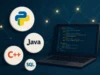Python domina el ranking de lenguajes de programación 2025 mientras la IA transforma el desarrollo de software Un portátil abierto con código en pantalla sobre un fondo azul oscuro con líneas y puntos brillantes que simulan una red tecnológica. A la izquierda flotan cuatro círculos blancos con logotipos de lenguajes de programación: Python arriba, Java en el centro, C++ abajo a la izquierda y SQL en un círculo más pequeño.