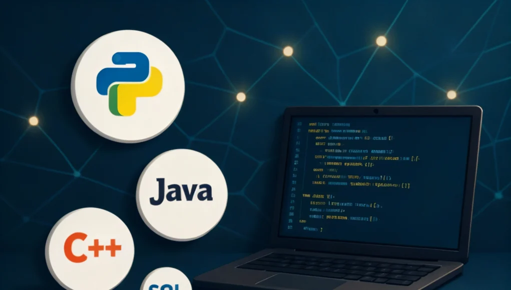 Un portátil abierto con código en pantalla sobre un fondo azul oscuro con líneas y puntos brillantes que simulan una red tecnológica. A la izquierda flotan cuatro círculos blancos con logotipos de lenguajes de programación: Python arriba, Java en el centro, C++ abajo a la izquierda y SQL en un círculo más pequeño.