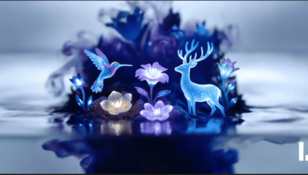Ilustración digital de estilo mágico con un colibrí y un ciervo luminosos junto a flores brillantes en tonos azules y violetas, reflejados sobre una superficie acuosa.