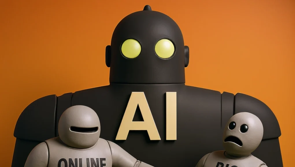 Ilustración de estilo caricaturesco que muestra a un hombre usando un móvil, observado por tres figuras robóticas. Una figura central, grande y oscura, lleva las letras 'AI', mientras que los otros dos robots más pequeños tienen escrito 'ONLINE TRACKING' y 'BIG BROTHER', representando conceptos de vigilancia digital mediante inteligencia artificial.