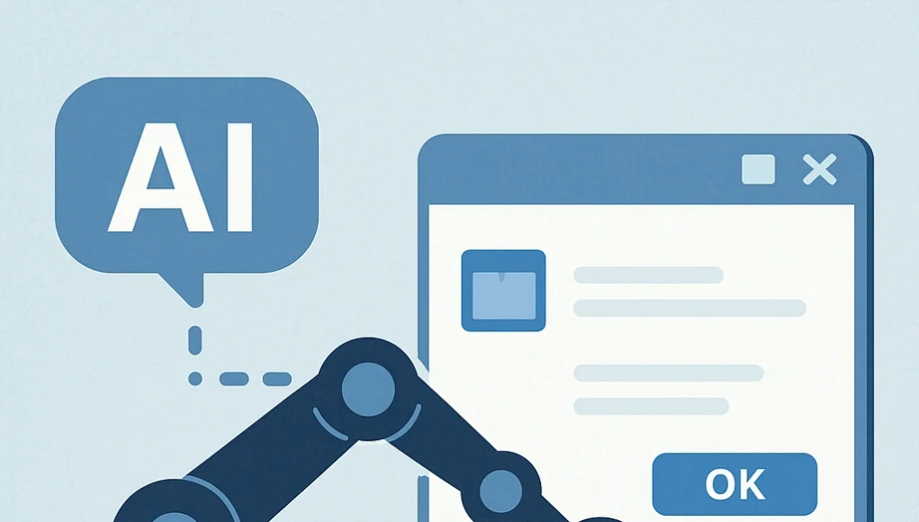 Ilustración digital en estilo plano que muestra un brazo robótico conectado a un cuadro de diálogo de Windows. El brazo sostiene un cursor que hace clic en un botón azul con la palabra "OK". A la izquierda, aparece un globo de diálogo con las letras "AI", simbolizando la interacción de la inteligencia artificial con la interfaz gráfica del sistema operativo.