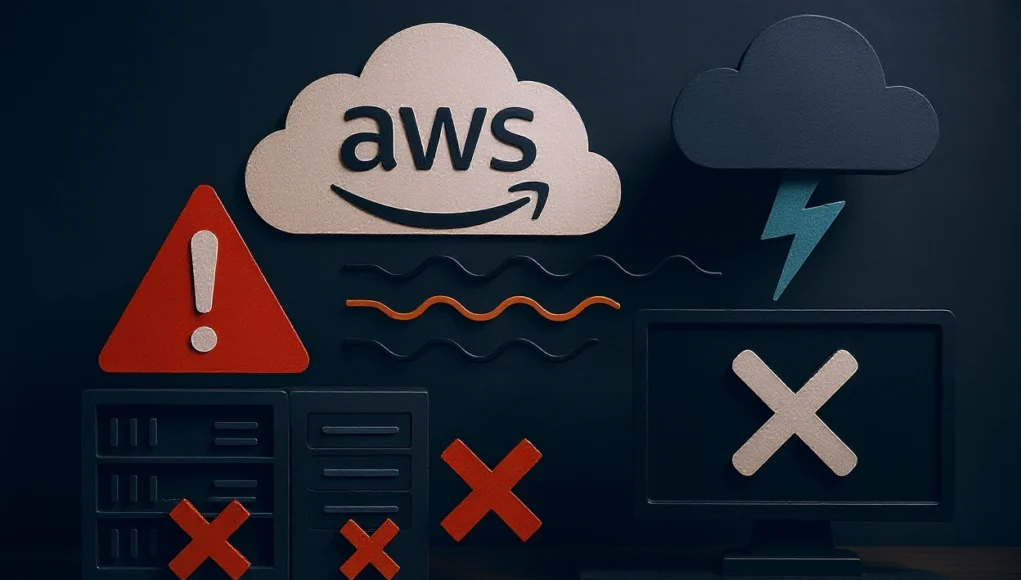 Ilustración digital en formato horizontal que representa una caída de servicios de AWS. Se observa una nube con el logo de AWS, un icono rojo de advertencia, servidores con marcas de error, un monitor con una X blanca y una nube negra con un rayo, todo conectado por líneas onduladas que simbolizan la interrupción de la red.