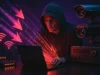 Botnet Aisuru rompe récords históricos de ataques DDoS arrasando con ISPs de Estados Unidos Un hacker encapuchado frente a un portátil iluminado en rojo, rodeado de cámaras de seguridad y routers. Flechas y cadenas de código binario simbolizan ataques digitales y tráfico masivo, evocando la amenaza de una botnet IoT.