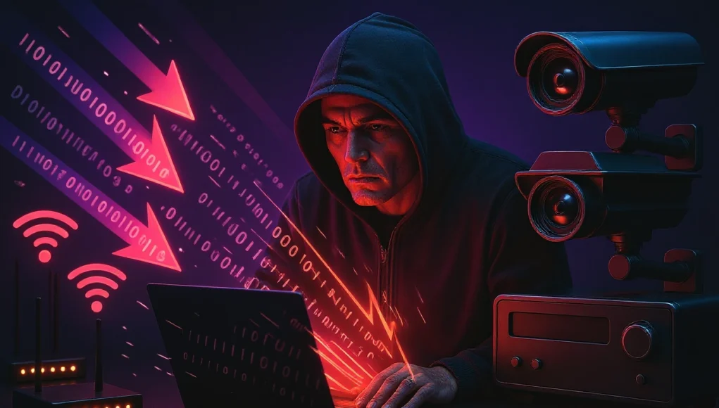 Un hacker encapuchado frente a un portátil iluminado en rojo, rodeado de cámaras de seguridad y routers. Flechas y cadenas de código binario simbolizan ataques digitales y tráfico masivo, evocando la amenaza de una botnet IoT.