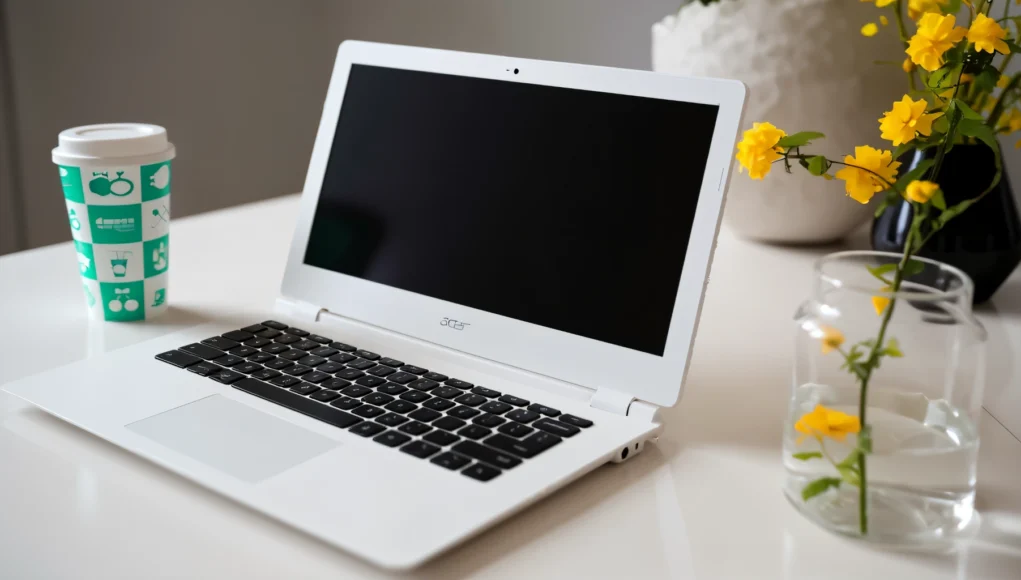 Portátil blanco Acer sobre una mesa con la pantalla apagada, acompañado de un vaso de café reutilizable y un florero con flores amarillas.