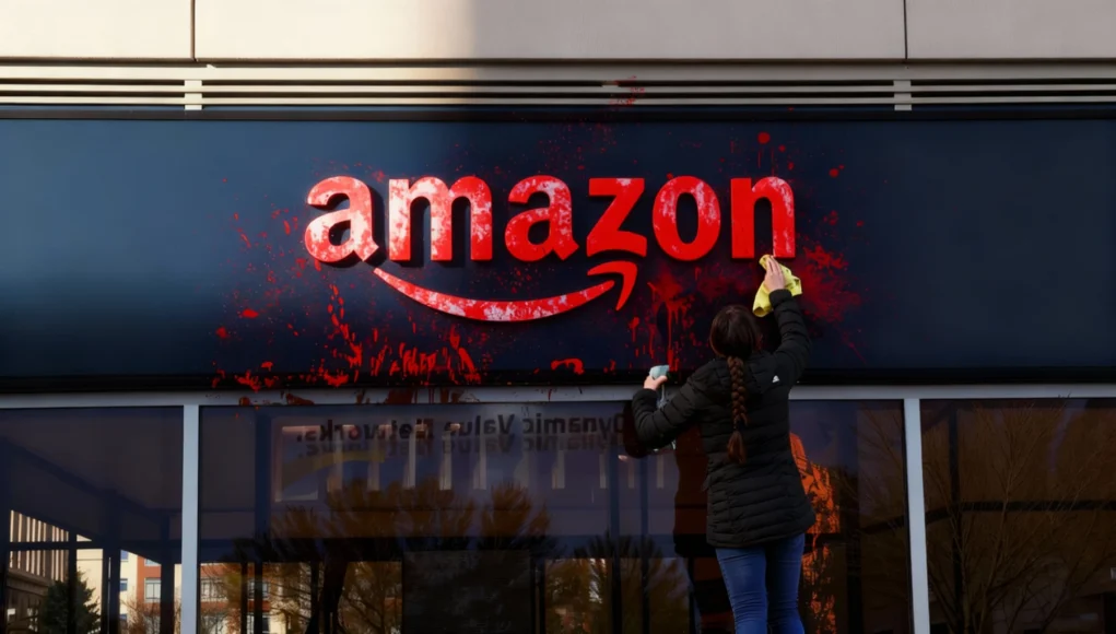 Persona limpiando un cartel de Amazon que ha sido manchado con pintura roja, usando un trapo y un spray limpiador.