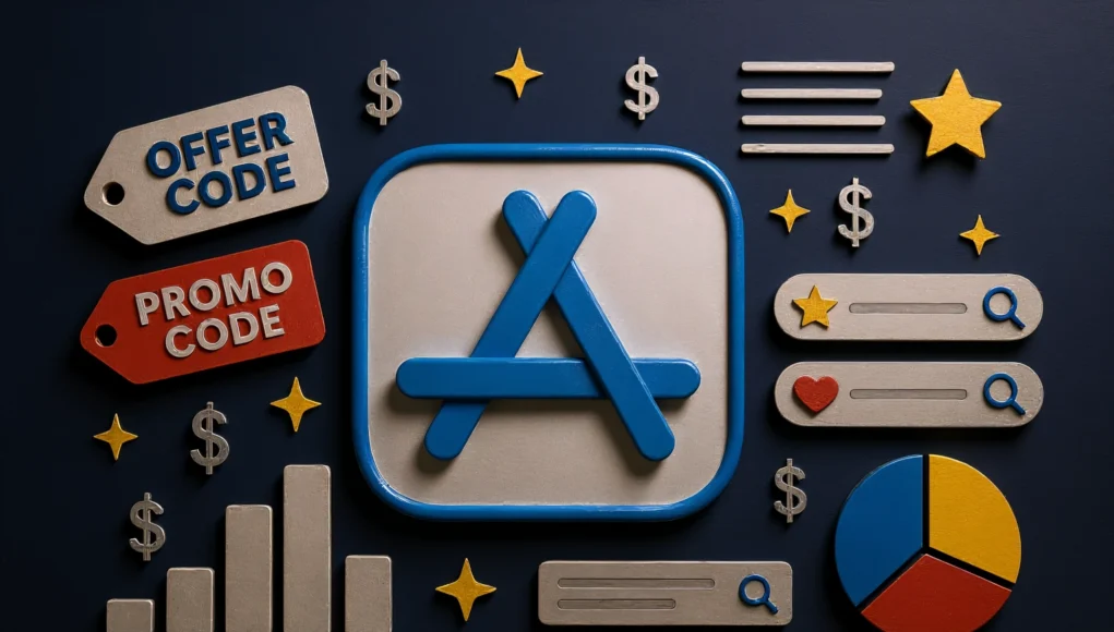 Logotipo de la App Store en el centro, rodeado de iconos relacionados con aplicaciones y marketing, como etiquetas de 'Offer Code' y 'Promo Code', símbolos de dólar, estrellas, barras de búsqueda y un gráfico circular de colores.