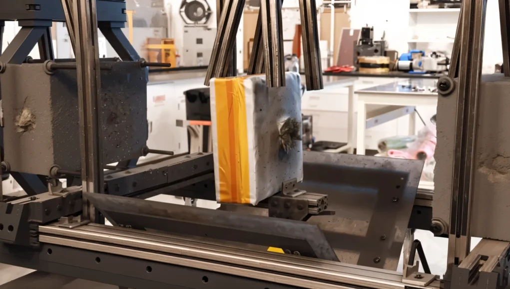 Prueba de impacto balístico en un laboratorio, con un bloque protector dañado por proyectiles montado en una máquina de ensayo.