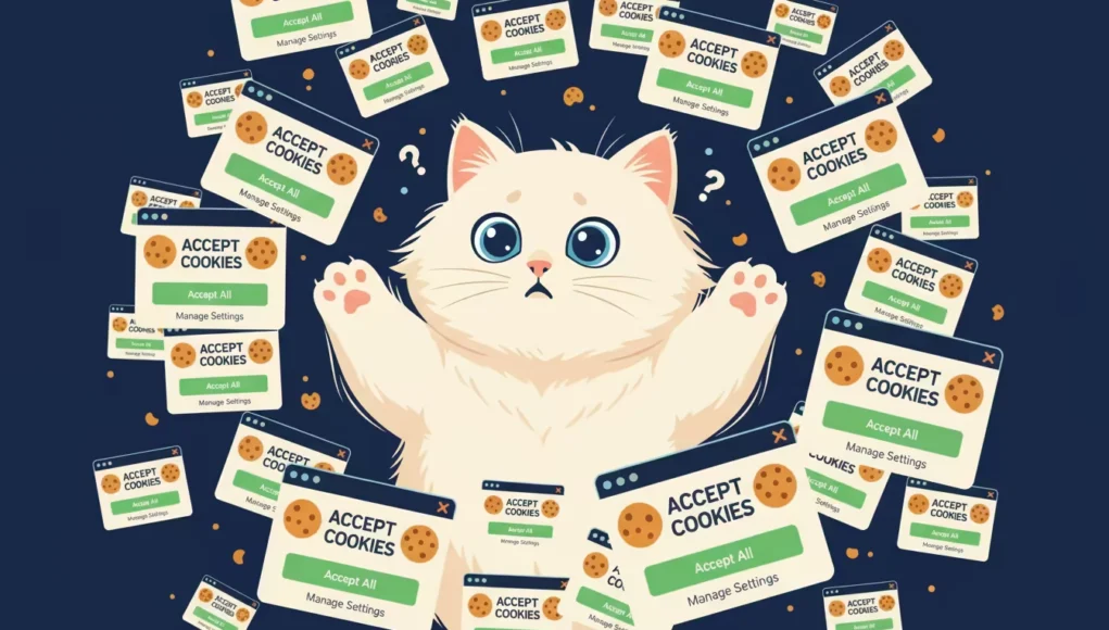 Un gato con expresión confundida, rodeado de múltiples ventanas emergentes de 'Aceptar cookies' en un fondo oscuro.
