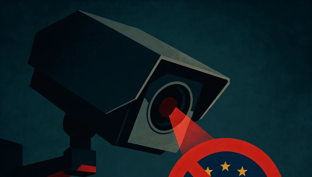 Ilustración distópica de una cámara de vigilancia proyectando un haz rojo sobre un símbolo de la Unión Europea tachado con un círculo rojo, representando la oposición al control masivo de chats en la UE.