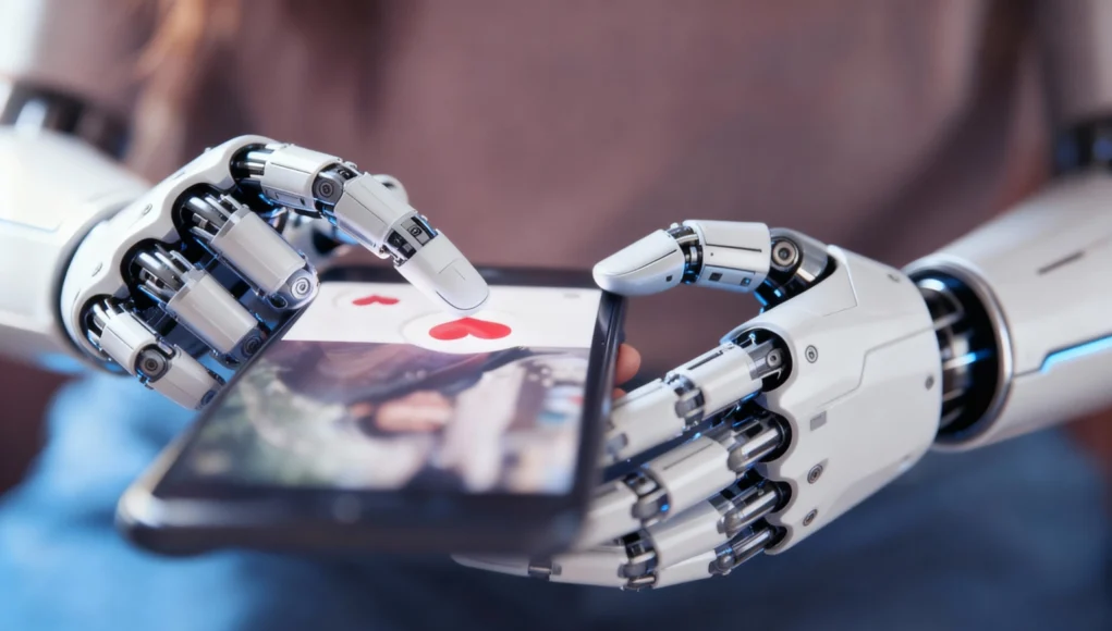 Manos robóticas sostienen un teléfono inteligente y tocan la pantalla en una aplicación de citas, sobre un ícono de corazón rojo, simbolizando la interacción de la inteligencia artificial con las relaciones humanas.