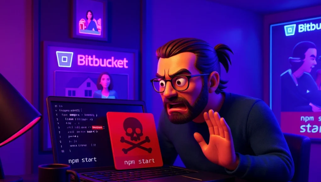 Ilustración 3D de un desarrollador sorprendido frente a su portátil, donde aparece una alerta con un icono de calavera indicando código malicioso al ejecutar 'npm start'. En el fondo se observan referencias a Bitbucket y un ambiente iluminado con luces neón moradas y azules.
