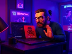 Cuidado con esta estafa disfrazada de entrevista laboral dirigida a desarrolladores de software Ilustración 3D de un desarrollador sorprendido frente a su portátil, donde aparece una alerta con un icono de calavera indicando código malicioso al ejecutar 'npm start'. En el fondo se observan referencias a Bitbucket y un ambiente iluminado con luces neón moradas y azules.