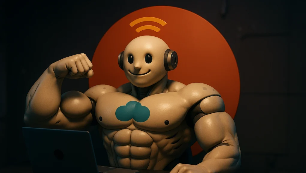 Un robot musculoso sentado frente a un portátil, flexionando su brazo derecho en señal de fuerza. El robot sonríe, lleva auriculares integrados y tiene un símbolo de nube azul en el pecho. Detrás de él se ve un gran círculo naranja con un icono de señal Wi-Fi, todo en un ambiente con tonos oscuros y contrastes cálidos