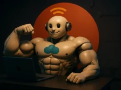 Anthropic lanza Skills para Claude: enseñándole trucos avanzados a la IA Un robot musculoso sentado frente a un portátil, flexionando su brazo derecho en señal de fuerza. El robot sonríe, lleva auriculares integrados y tiene un símbolo de nube azul en el pecho. Detrás de él se ve un gran círculo naranja con un icono de señal Wi-Fi, todo en un ambiente con tonos oscuros y contrastes cálidos