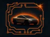 Adolescente murió quemada viva en un Tesla Cybertruck defectuoso Ilustración digital de un coche futurista estilizado, rodeado por un circuito eléctrico naranja brillante que aparece fracturado en una esquina con chispas, simbolizando un fallo tecnológico.