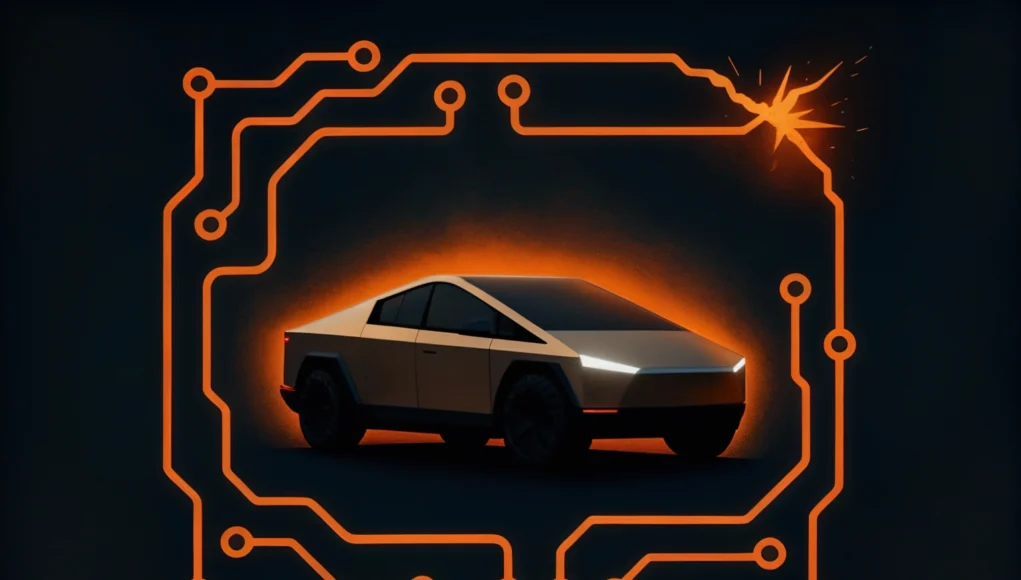 Ilustración digital de un coche futurista estilizado, rodeado por un circuito eléctrico naranja brillante que aparece fracturado en una esquina con chispas, simbolizando un fallo tecnológico.