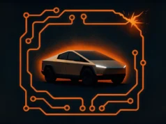 Adolescente murió quemada viva en un Tesla Cybertruck defectuoso Ilustración digital de un coche futurista estilizado, rodeado por un circuito eléctrico naranja brillante que aparece fracturado en una esquina con chispas, simbolizando un fallo tecnológico.