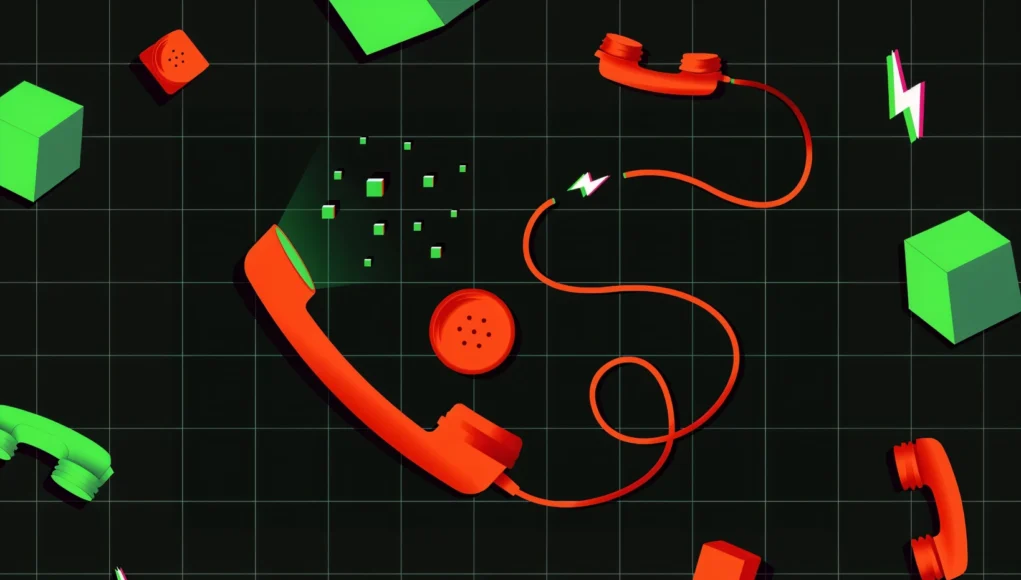 Un auricular de teléfono roto con el cable desenchufado y píxeles verdes flotando fuera del receptor sobre un fondo oscuro cuadriculado.