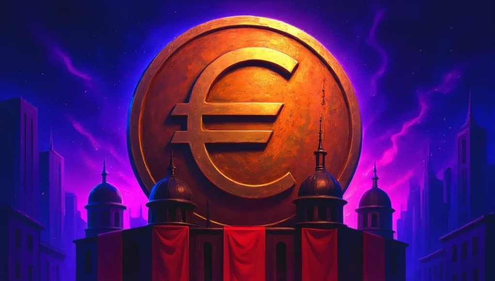 Ilustración distópica surrealista de una multitud de personas uniformadas y sin rasgos definidos, reunidas frente a un imponente edificio cubierto con banderas rojas, coronado por una gigantesca moneda de euro brillante sobre un cielo púrpura y oscuro. La escena transmite la idea del dinero como fuerza dominante sobre la sociedad y la democracia.