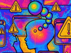 La generación Alpha y la IA: ¿están los padres jugando con fuego al dejar que sus hijos interactúen con ChatGPT? Ilustración psicodélica en colores vibrantes (azul, rosa, morado, amarillo y naranja) que muestra la silueta de un niño señalando una pantalla. Su cabeza está iluminada con un destello y conectada a esferas que simbolizan pensamientos. Alrededor aparecen múltiples pantallas con triángulos de advertencia con signos de exclamación, representando alertas o riesgos relacionados con la educación y la tecnología.